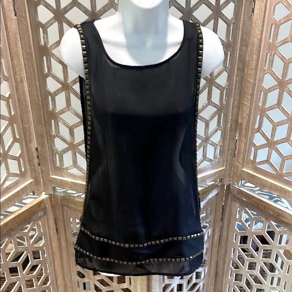Rock & Republic Sheer Overlay Black Sleeveless Top with Bronze Studded Detail XS - Picture 1 of 9